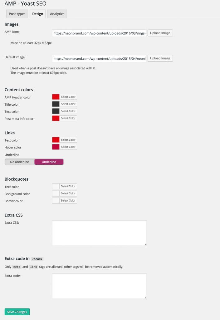 AMP Yoast Glue Design Settings